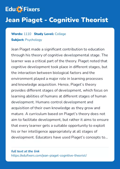 Jean Piaget - Cognitive Theorist - Essay Preview