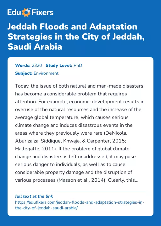Jeddah Floods and Adaptation Strategies in the City of Jeddah, Saudi Arabia - Essay Preview