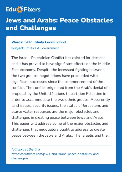 Jews and Arabs: Peace Obstacles and Challenges - Essay Preview