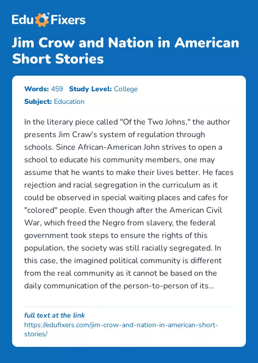 Jim Crow and Nation in American Short Stories - Essay Preview