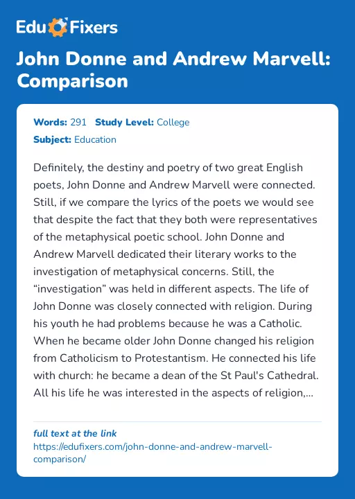 John Donne and Andrew Marvell: Comparison - Essay Preview