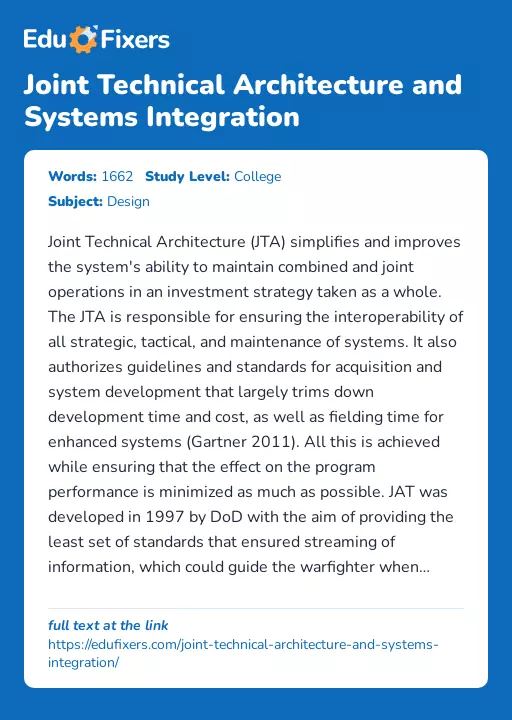 Joint Technical Architecture and Systems Integration - Essay Preview