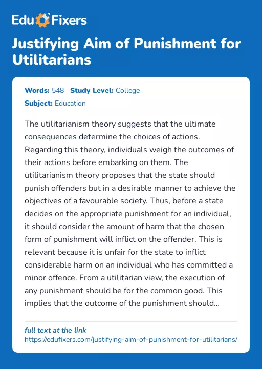 Justifying Aim of Punishment for Utilitarians - Essay Preview