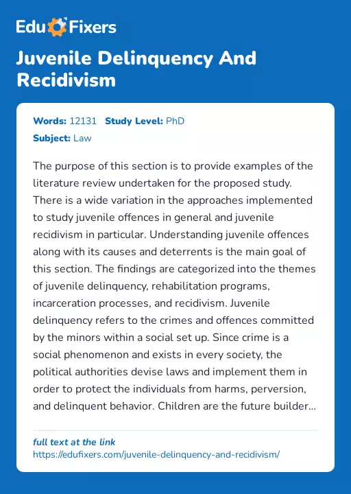 Juvenile Delinquency And Recidivism - Essay Preview