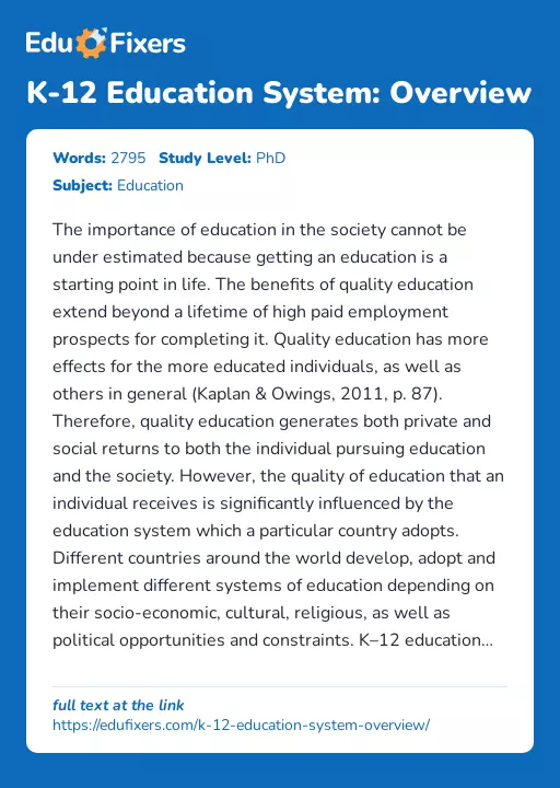 K-12 Education System: Overview - Essay Preview