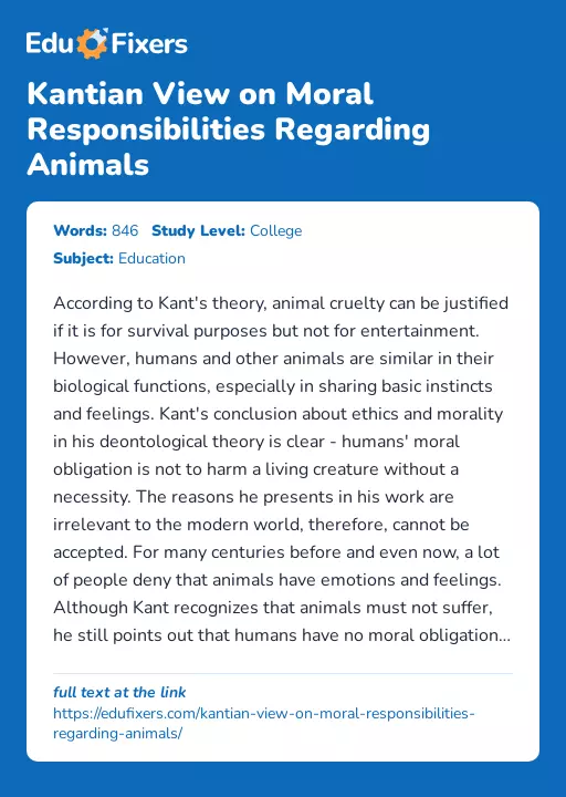 Kantian View on Moral Responsibilities Regarding Animals - Essay Preview