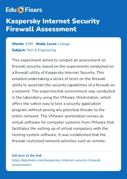 Kaspersky Internet Security Firewall Assessment - Essay Preview