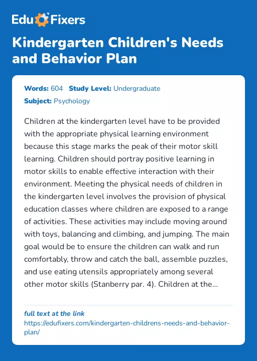 Kindergarten Children's Needs and Behavior Plan - Essay Preview