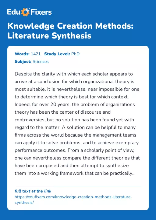 Knowledge Creation Methods: Literature Synthesis - Essay Preview