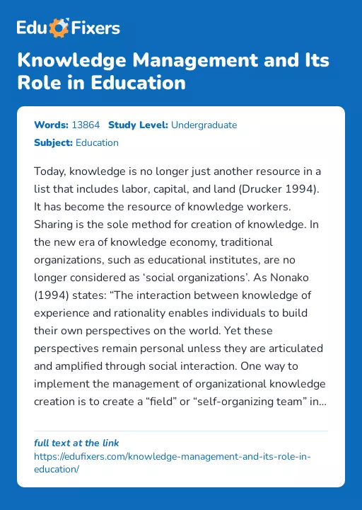 Knowledge Management and Its Role in Education - Essay Preview