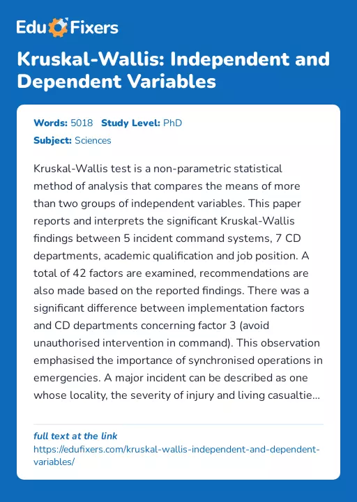 Kruskal-Wallis: Independent and Dependent Variables - Essay Preview