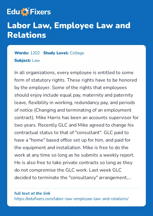 Labor Law, Employee Law and Relations - Essay Preview