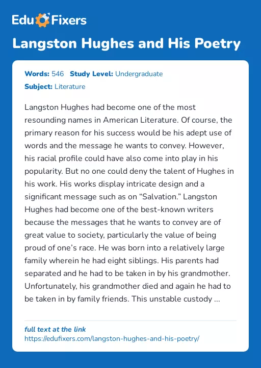 Langston Hughes and His Poetry - Essay Preview