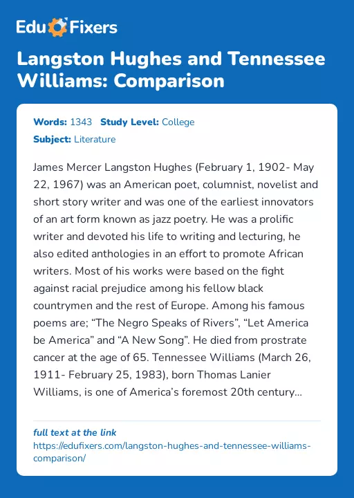 Langston Hughes and Tennessee Williams: Comparison - Essay Preview