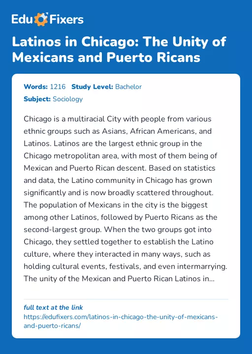 Latinos in Chicago: The Unity of Mexicans and Puerto Ricans - Essay Preview