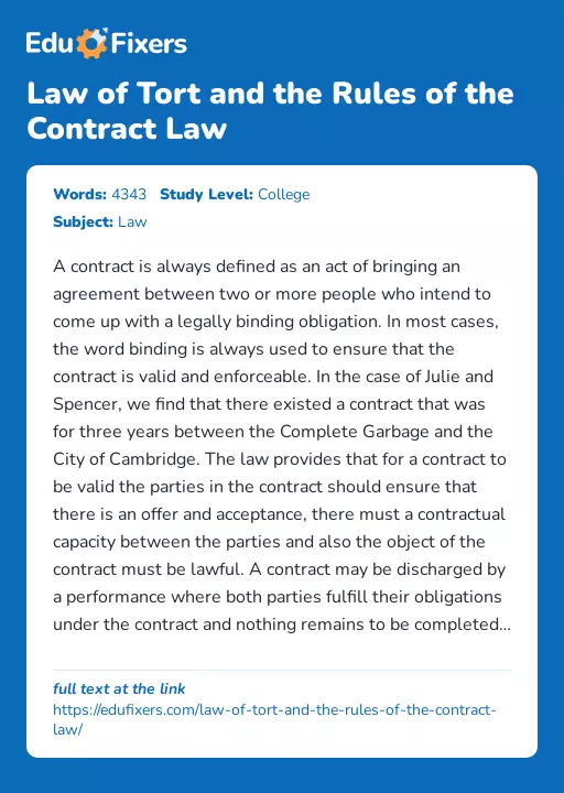 Law of Tort and the Rules of the Contract Law - Essay Preview