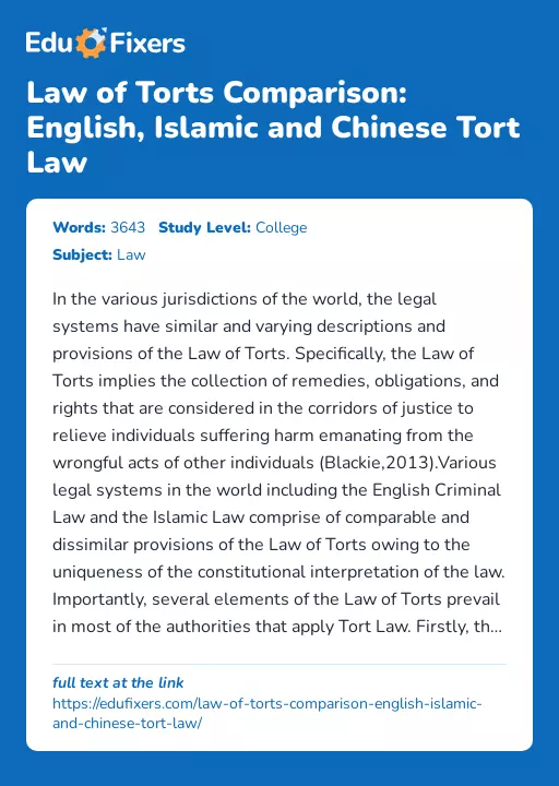 Law of Torts Comparison: English, Islamic and Chinese Tort Law - Essay Preview