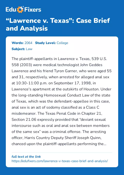 “Lawrence v. Texas”: Case Brief and Analysis - Essay Preview
