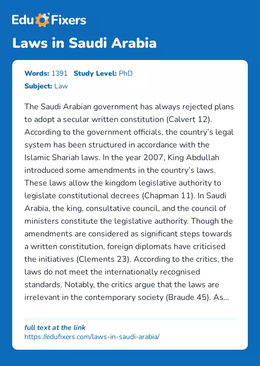 Laws in Saudi Arabia - Essay Preview