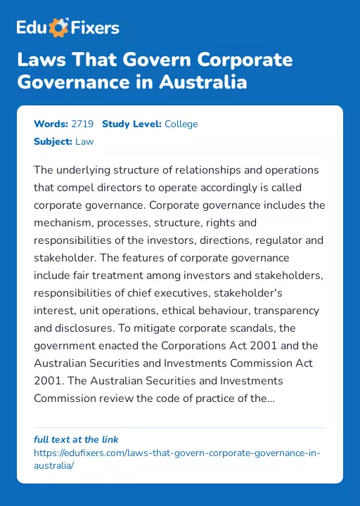 Laws That Govern Corporate Governance in Australia - Essay Preview