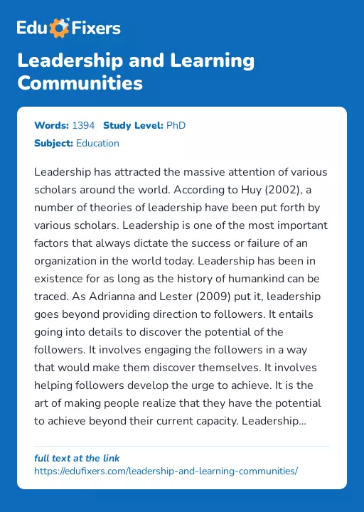 Leadership and Learning Communities - Essay Preview