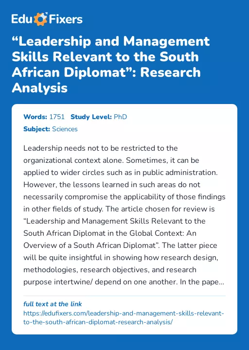 “Leadership and Management Skills Relevant to the South African Diplomat”: Research Analysis - Essay Preview