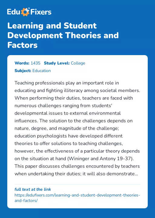 Learning and Student Development Theories and Factors - Essay Preview