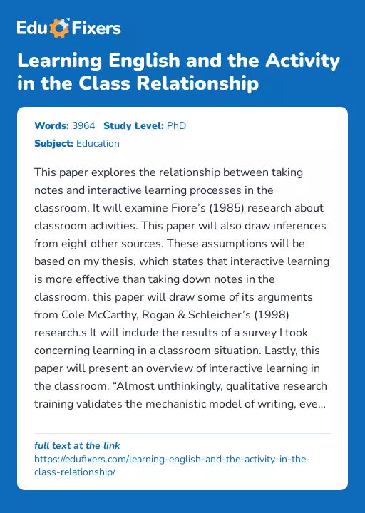 Learning English and the Activity in the Class Relationship - Essay Preview