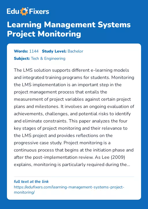 Learning Management Systems Project Monitoring - Essay Preview