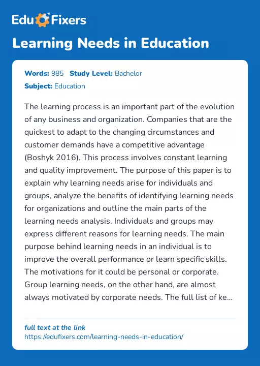 Learning Needs in Education - Essay Preview