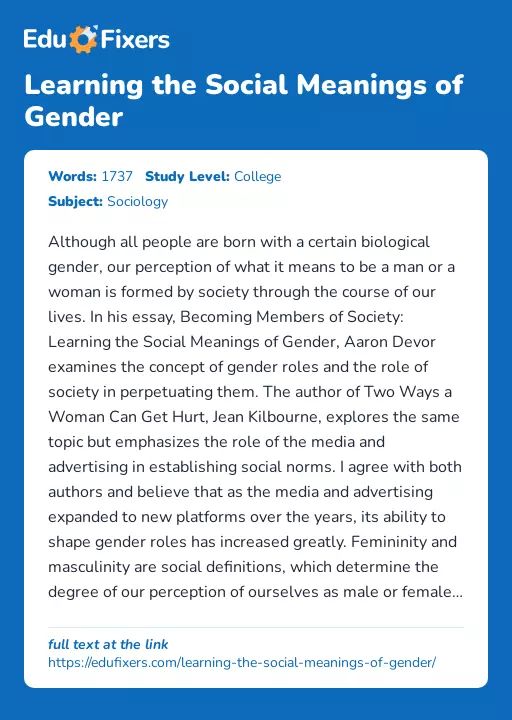 Learning the Social Meanings of Gender - Essay Preview