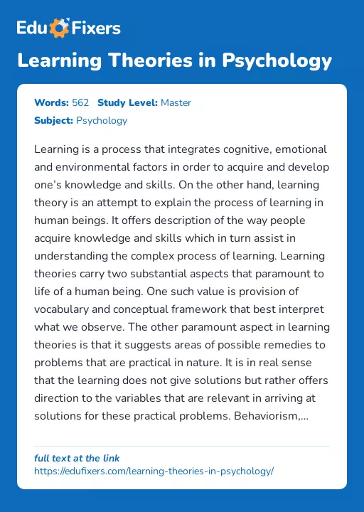Learning Theories in Psychology - Essay Preview