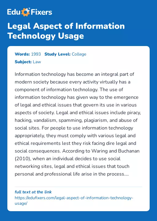 Legal Aspect of Information Technology Usage - Essay Preview