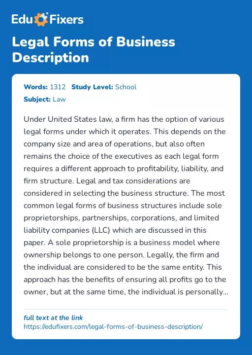 Legal Forms of Business Description - Essay Preview