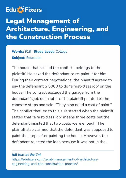 Legal Management of Architecture, Engineering, and the Construction Process - Essay Preview
