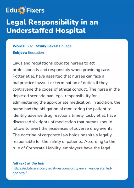 Legal Responsibility in an Understaffed Hospital - Essay Preview