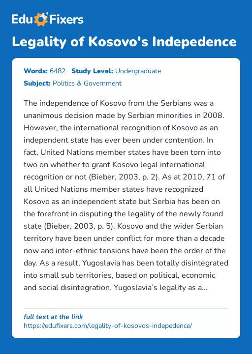 Legality of Kosovo's Indepedence - Essay Preview
