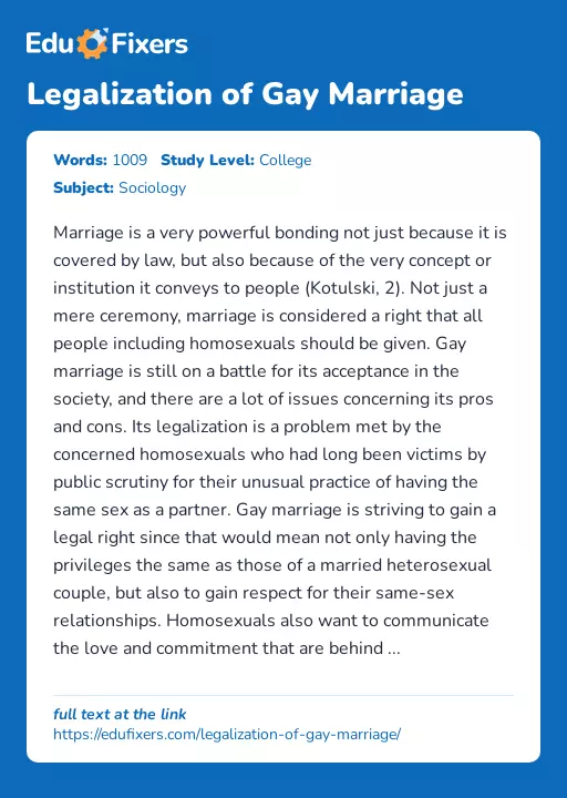 Legalization of Gay Marriage - Essay Preview