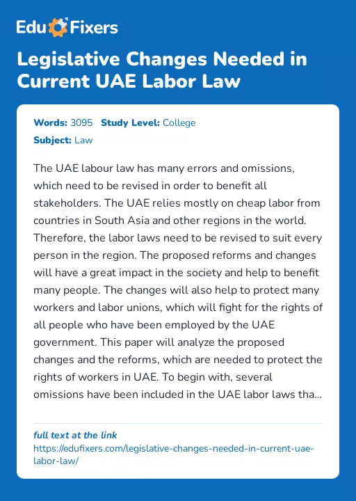 Legislative Changes Needed in Current UAE Labor Law - Essay Preview