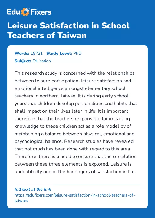 Leisure Satisfaction in School Teachers of Taiwan - Essay Preview