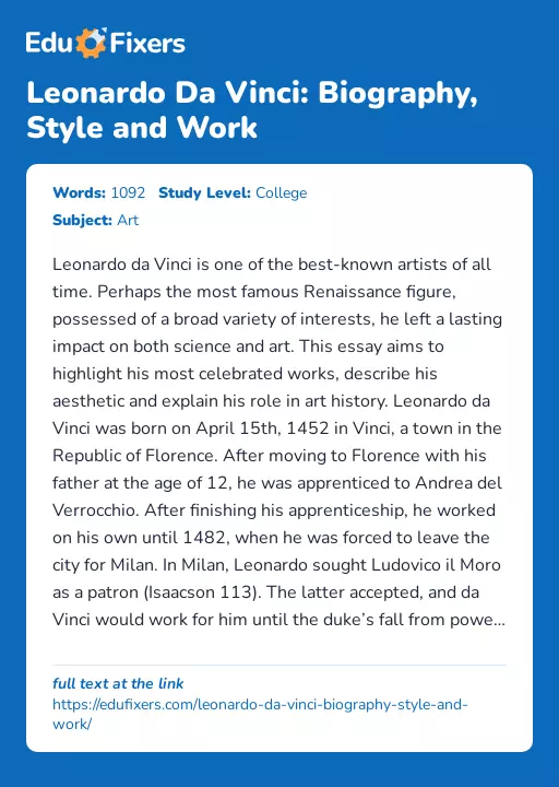Leonardo Da Vinci: Biography, Style and Work - Essay Preview