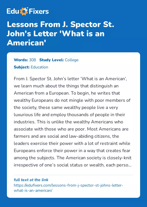 Lessons From J. Spector St. John's Letter 'What is an American' - Essay Preview