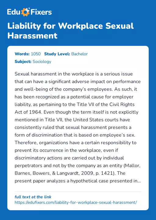 Liability for Workplace Sexual Harassment - Essay Preview