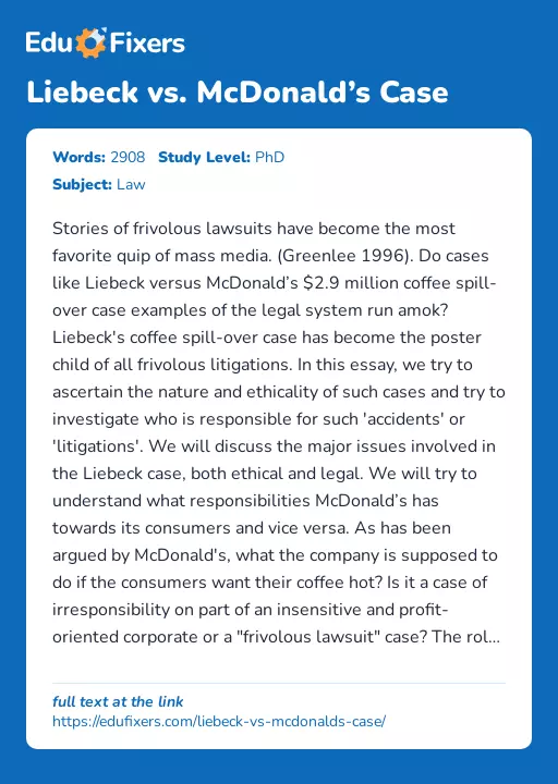 Liebeck vs. McDonald’s Case - Essay Preview