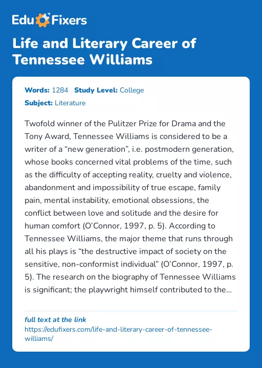 Life and Literary Career of Tennessee Williams - Essay Preview
