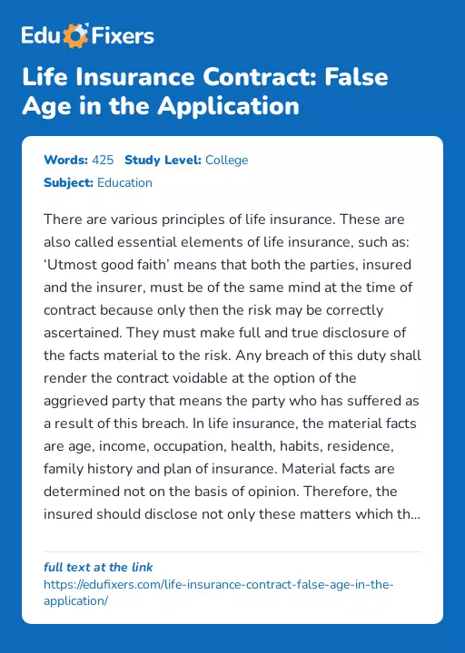 Life Insurance Contract: False Age in the Application - Essay Preview