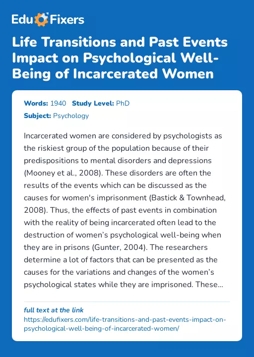 Life Transitions and Past Events Impact on Psychological Well-Being of Incarcerated Women - Essay Preview