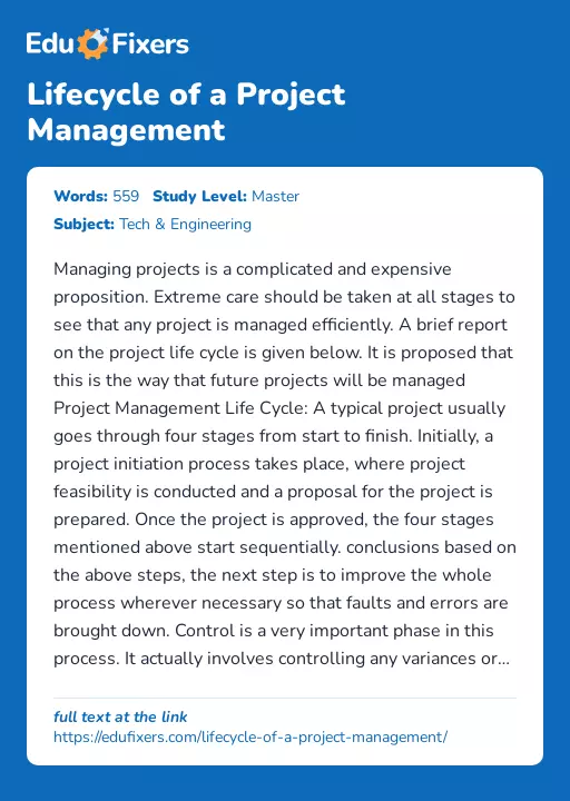 Lifecycle of a Project Management - Essay Preview