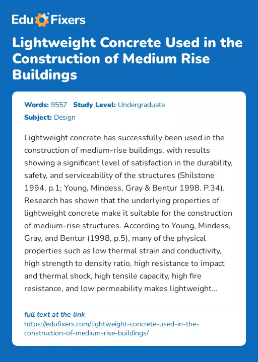 Lightweight Concrete Used in the Construction of Medium Rise Buildings - Essay Preview