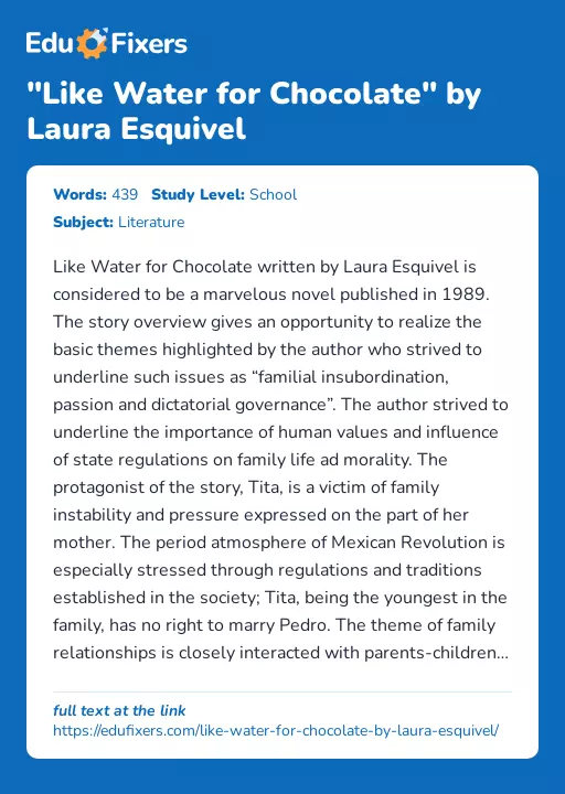 "Like Water for Chocolate" by Laura Esquivel - Essay Preview